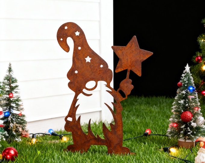 Rusty Metal Garden Gnome Stake, Whimsical Fairy Gnome with Star Wand, Solar Light Outdoor Decor, Unique Garden Art, Gift for Gardener