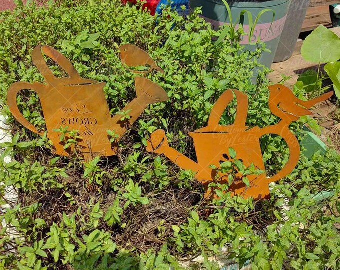 Set of 2 Rusty Watering Can Planter Stakes, Vintage Metal Garden Art, Metal Flower Pot Decor,  Vintage Metal Planter Decor