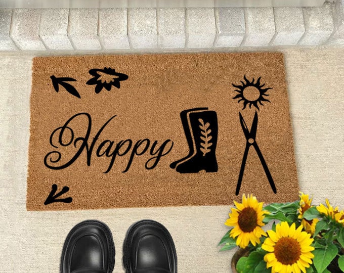 Happy Doormat, Welcome Door Mat, Welcome Mat, Botanical Theme Doormat Decor, Personalized Custom Doormat, Front Door