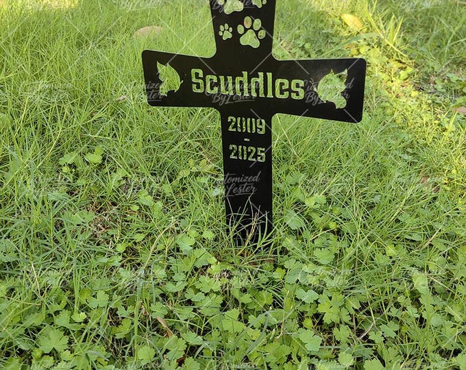 Custom Black Memorial Cross Garden Stake, Personalized Dog Paw Print Grave Marker, Pet Loss Sympathy Gift,  Black Metal Pet Loss Stake
