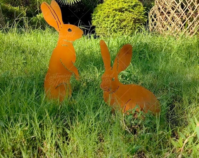 Set of 2 Rusted Rabbit Garden Stakes, Vintage Metal Yard Decor, Rust Bunny Garden Markers, Cottage Garden Sculptures, Metal Lawn Ornaments