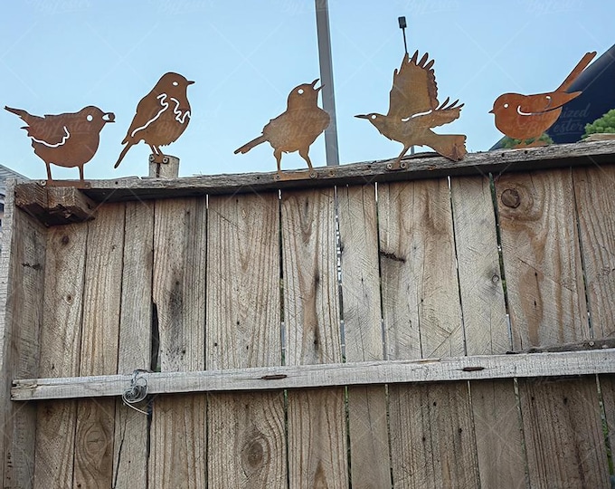 Set of 5 Rusty Metal Bird Sculptures, 5-Piece Rust-Finish Metal Bird Statues, Antique-Style Rusted Metal Birds Stake, Unique Patio Decor