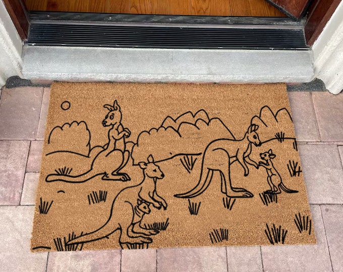 Family Of Kangaroos Doormat, Cute Floral Front Doormat, Personalized Gift, Custom Door Mat For Front Door, Painted Doormat