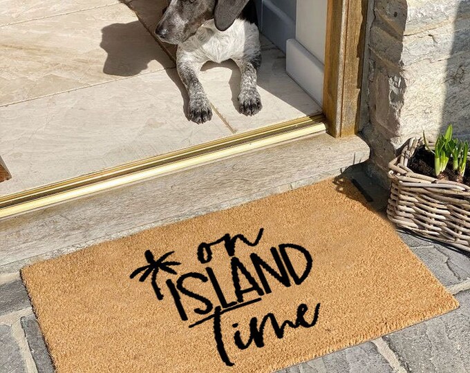On Island Time Doormat, Personalization Doormat, Custom Door Mat, Personalized Custom Doormat, Painted Doormat For Housewarming Gift