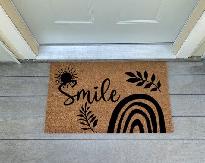 Smile Doormat, Sun Doormat, Rainbow Doormat, Housewarming Gift, Wedding Gift, Newlywed, Anniversary Gift, Personalized Doormat