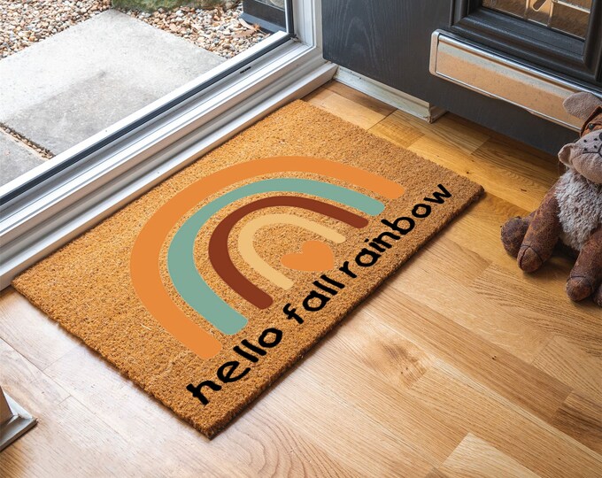 Hello Fall Rainbow Doormat, Personalized Doormat, Closing Gift, Leaf Theme Doormat, Custom Doormat, Welcome Doormat, Front Doormat