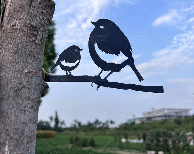 Pair of Sparrows on Branch Stake, Handmade Metal Bird Tree Sculpture, Black Metal Bird Statue, Modern Farmhouse Decor, Metal Bird Art