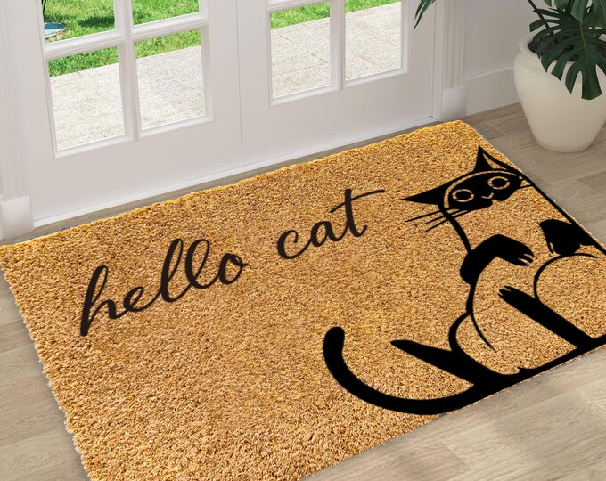 Hello Cat Doormat, Grandparent Gift, Custom Door Mat For Front Door, Personalized Doormat, Welcome Doormat