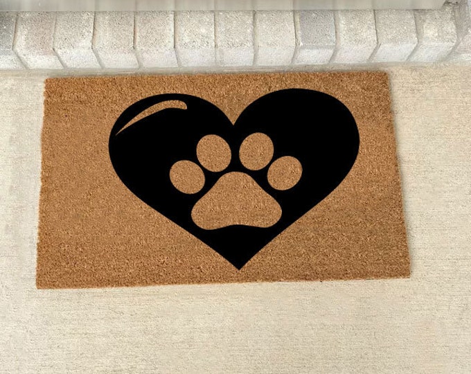 Heart Paw Print Doormat, Housewarming Gift, Personalized Doormat, Leaf Theme Doormat, Custom Doormat, Welcome  Doormat, Front Doormat