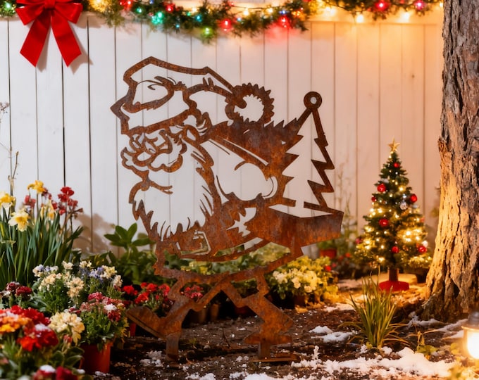 Rusty Santa with Christmas Tree Metal Yard Stake, Vintage Rustic Santa Lawn Ornament, Rusted Metal Christmas Yard Stake, Santa Holding Tree