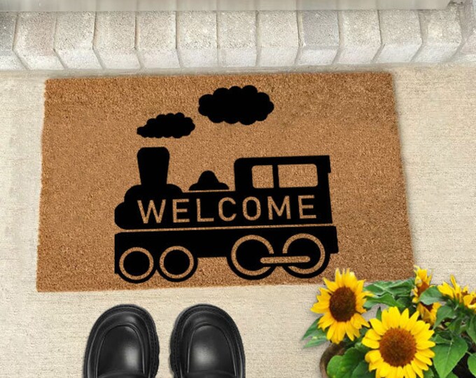 Welcome Small Train Doormat, Funny Doormat, Personalized Gift, Custom Door Mat For Front Door, Painted Doormat