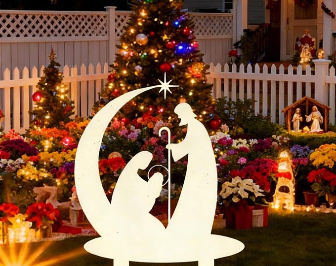 White Metal Outdoor Nativity Scene Stake, Sturdy Lawn Stake for Christmas Yard Decor, Religious Holiday Display