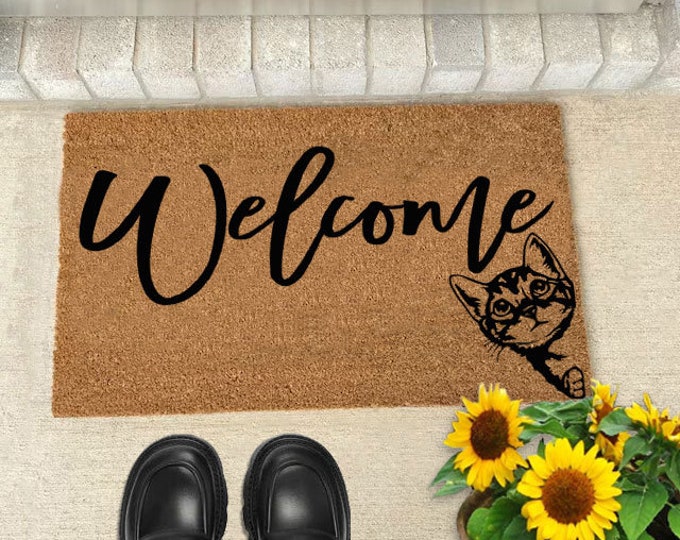Welcome Cat Doormat, Cute Black Cat Doormat, Custom Door Mat For Front Door, Painted Doormat For Housewarming Gift