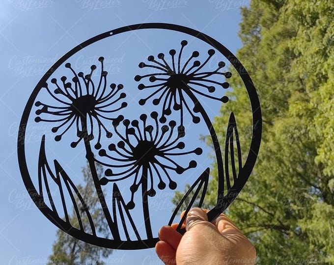 Black Metal Dandelion Flower Wall Hanging, Round Boho Chic Home Decor, Minimalist Art Piece, Unique Gift Idea, Metal Dandelion Sign Wall Art