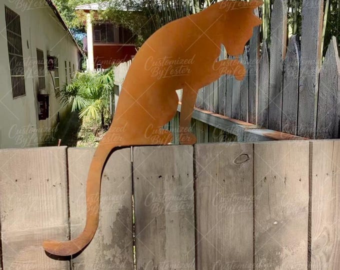 Rusty Metal Cat Garden Stake, Fence Topper Cat Licking Paw Outdoor Decor, Rusted Iron Cat Statue,  Curious Kitten Licking Its Paw Fence Art