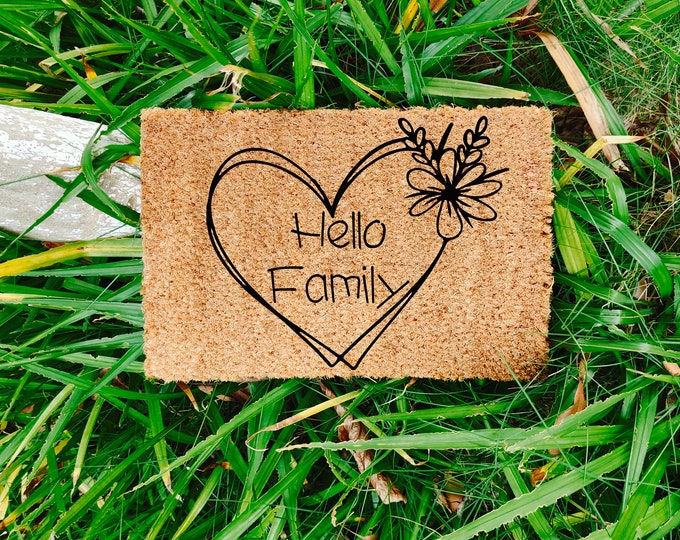 Hello Family Doormat, Personalised Front Door Mat, Custom Printed First Home, Natural Coir