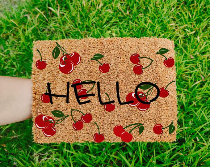 Hello Door Mat, Cherry Hello Doormat, Funny Doormat, Wedding Gift, Housewarming Gift, Home Doormat, Welcome Mat, Closing Gift