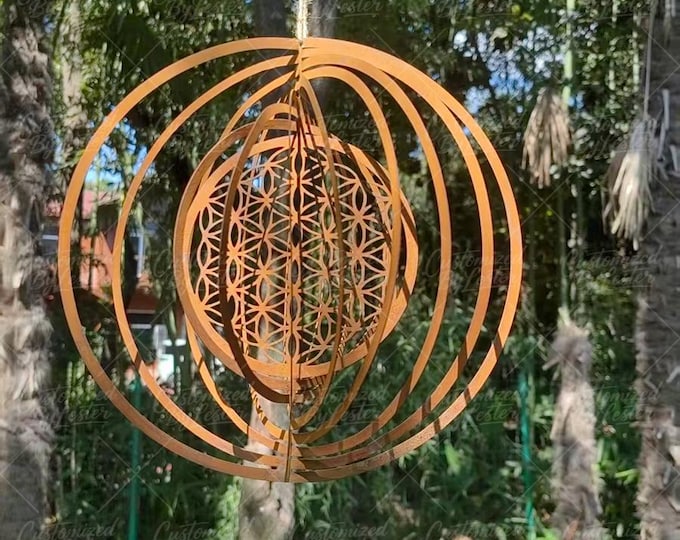 Rusty Spiral Flower of Life Wind Vane Garden Decor, Patina Metal Garden Art, Wind Chime Flower of Life Outdoor Ornament, Yard Sculpture