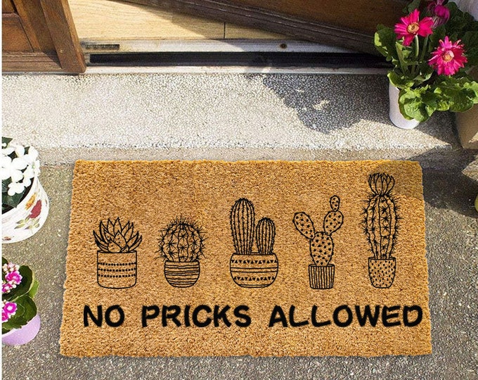 No Pricks Allowed Doormat, Cactus Doormat, Custom Door Mat For Front Door, Personalized Doormat, Painted Doormat For Housewarming Gift