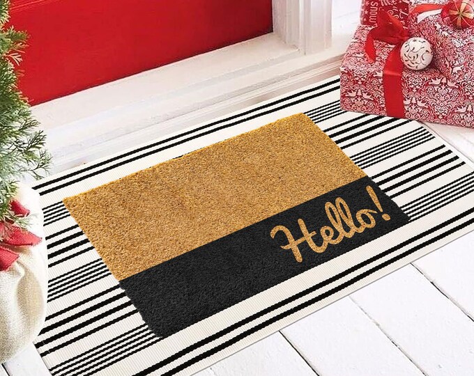 Hello Doormat, Welcome  Doormat, Front Doormat, Housewarming gift, Personalized Door Mat, Closing Gift, Leaf Theme Doormat, Custom Door Mat.