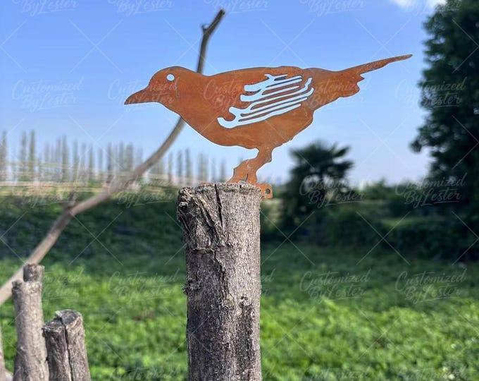 Rusty Metal Bird Garden Stake, Vintage Iron Downward-Looking Sparrow Sculpture, Whimsical Outdoor Yard Decor,  Bird Lover Gift