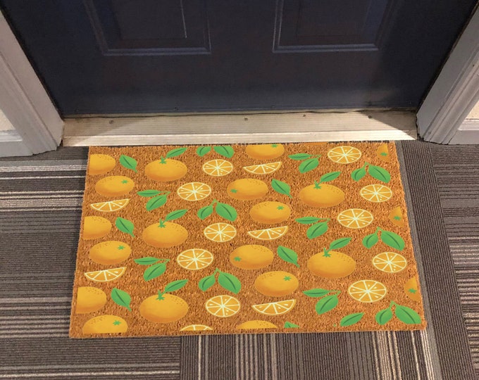 Orange Doormat, Black Print on Brown Coir Doormat, Non-Slip Backing, Printed in New Jersey