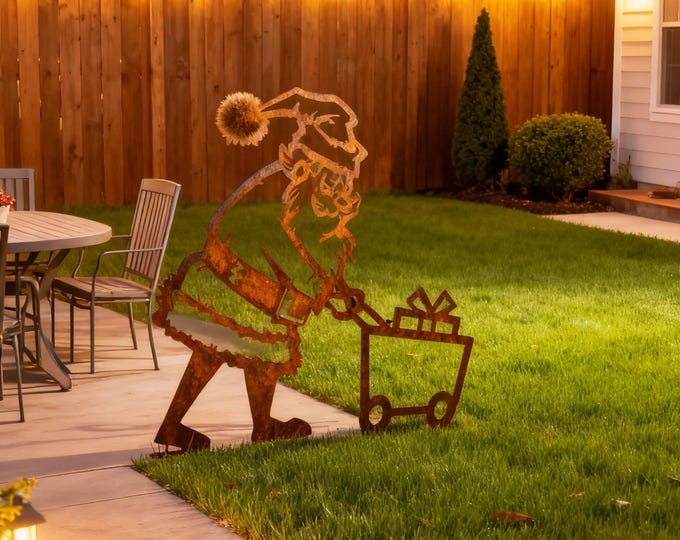Rusty Metal Christmas Yard Stake, Santa with Gift Cart Outdoor Decor, Vintage Rustic Santa Yard Art, Santa Pushing Cart Holiday Decor Stake