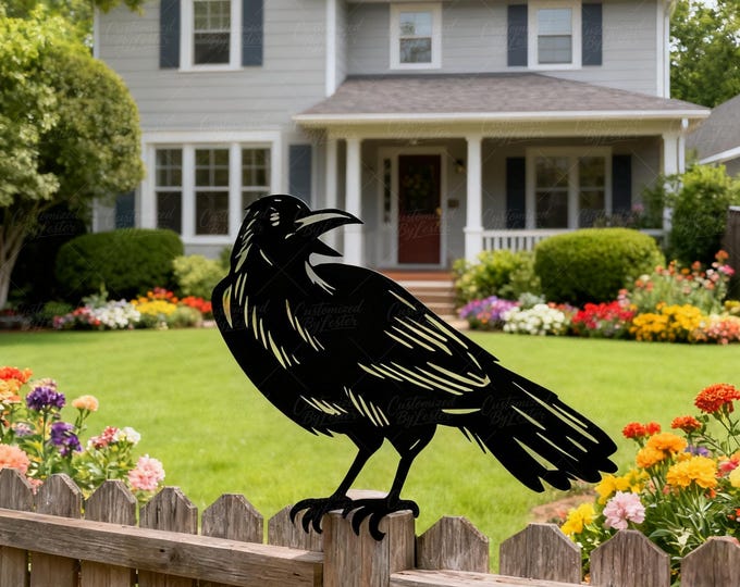 Ethereal Raven on Black Metal Garden Stake, Mystical & Gothic Yard Decor, Vintage Style Black Metal Crow Park Stake, Victorian Gothic Decor
