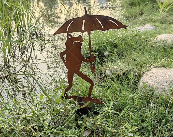 Rusty Metal Frog with Umbrella Garden Stake, Vintage Rusted Metal Frog Holding Umbrella Statue,  Rusty Metal Garden Art, Ugly Frog Decor
