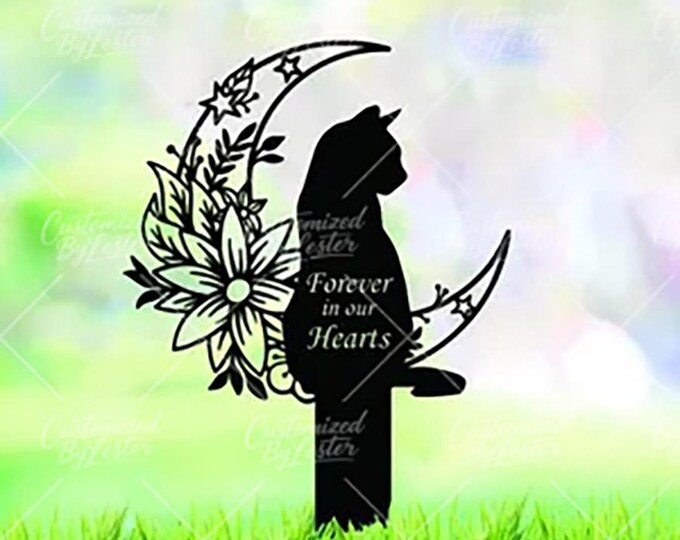 Black Metal Moon Cat Memorial Stake, Crescent Moon with Kitty Sculpture, Black Metal Crescent Moon with Cat Silhouette, Garden Decor