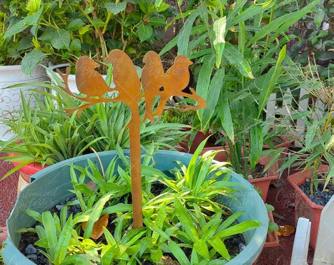 Rustic Metal Bird Garden Stake, Handmade Rusted Iron 4 Birds on Branch Sculpture, Vintage Pot Art, Outdoor Garden Decor, Bird Lover Gift