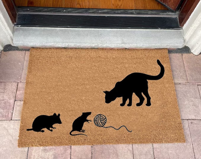 Cat And Mouse Doormat, Welcome Doormat, Cat Doormat, Custom Door Mat For Front Door, Painted Doormat For Housewarming Gift