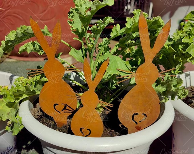 Set of 3 Rusty Bunny Garden Stakes, Metal Rabbit Decor for Flower Pots, Metal Rabbit Garden Markers, Easter Gift Idea for Her, Eastern Art