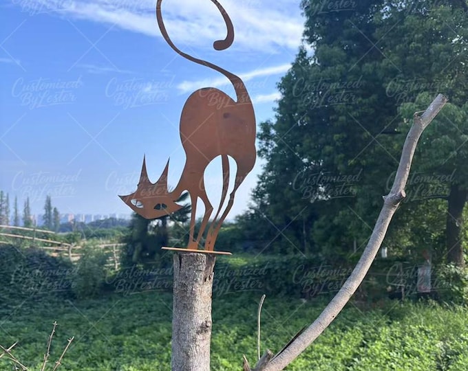 Rusty Metal Cat Garden Stake, Vintage Rusted Iron Kitty Sculpture, Outdoor Yard Art Decor，Unique Handmade Gift for Cat Lovers