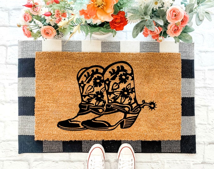 Cowboy Cowgirl Boots, Ranch Farm Country, Coir Doormat Door Mat, Entry Mat, Housewarming Gift, Wedding Gift, New Home Gift