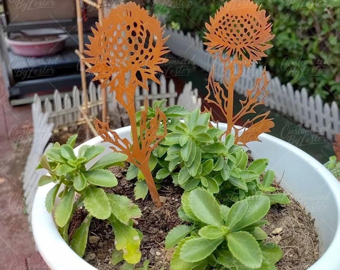 Set of 2 Rusty Metal Poppy Garden Stakes, Vintage Planter Sculptures, Iron Silhouette Art, Rustic Iron Flower Stake,  Whimsical Yard Decor