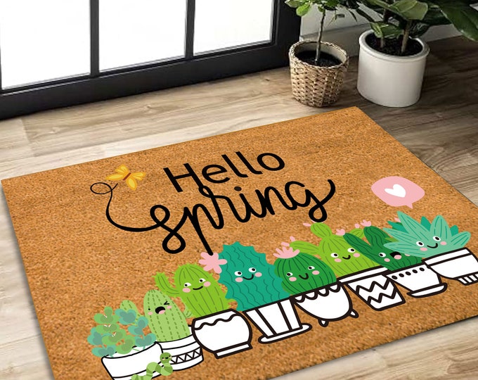 Hello Spring Mat, Custom Rectangular/Round/Square Custom Doormat, Personalized Home Decor, Unique Birthday Present