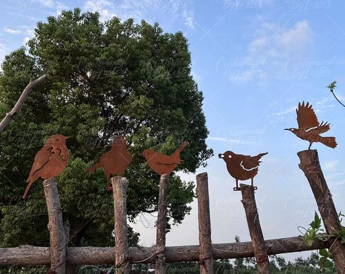 Set of 5 Rustic Metal Bird Garden Stakes, Vintage Rusted Bird Silhouette on Fence Handmade Rusty Iron Bird Lawn Stakes, Birdwatcher's Gift