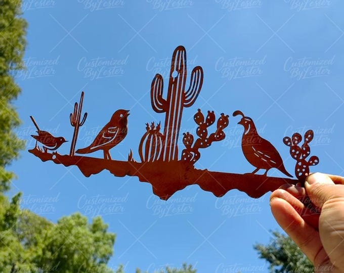 Rusty Handmade Iron Quail & Cactus Sculpture, Rustic Metal Quail Wall Art, Desert-Themed Patina Decor, Southwest Wall Hanging, Gardener Gift