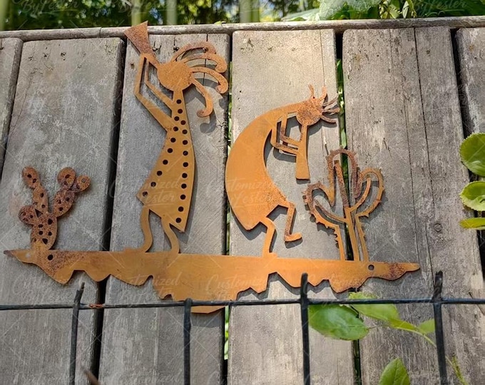 Rusted Metal Kokopelli Wall Art, Southwest Desert Decor, Handmade Iron Kokopelli & Cactus Sculpture, Metal Native American Folk Art Sign