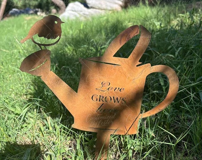 Rusty Metal Sparrow Bird on Watering Can Spout Stake, Vintage Style Garden Decor, Unique Bird  Art, Rusty Sparrow on Can Spout Garden Stake