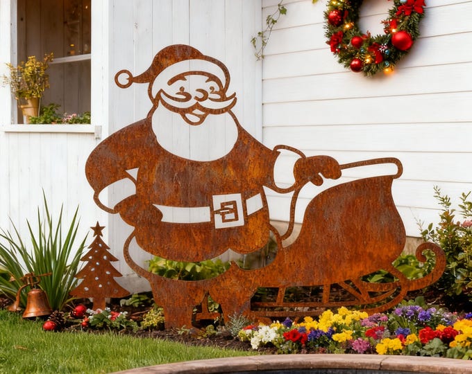 Rusty Metal Santa Yard Stake, Leaning on Sleigh Garden Art, Vintage Christmas Decoration,