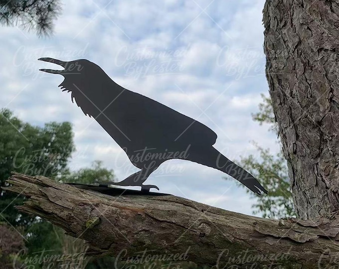 Cawing Raven Garden Stake, Black Metal Crow Statue with Open Beak, Dynamic Gothic Yard Art, Midnight Caw Metal Raven Stake, Halloween Gift