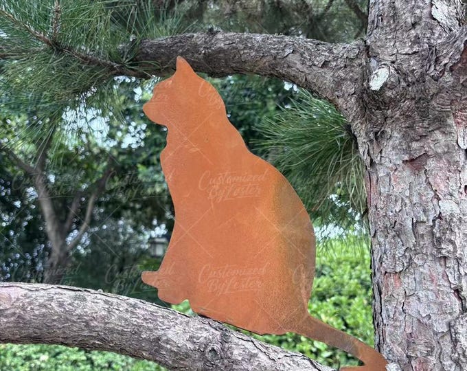 Rusty Metal Sitting Cat Garden Tree Stake, Whimsical Sitting Kitty Sculpture for Garden, Unique Outdoor Art Gift, Vintage Outdoor Decor