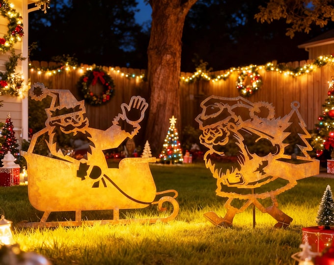 2-Piece Set Rustic Metal Santa Claus Lawn Stake, Vintage Style Santa Claus Lawn Decoration, Vintage Rusted Santa Stake Set, Christmas Decor