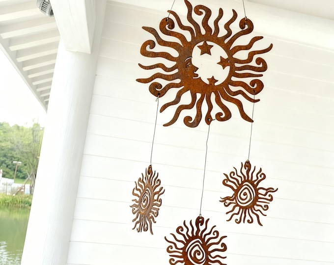Rusty Metal Sun God Sculpture, Hanging Outdoor Garden Art, Rusted Sun God Hanging Ornament, Solar Deity Outdoor Art,  Garden Patio Decor