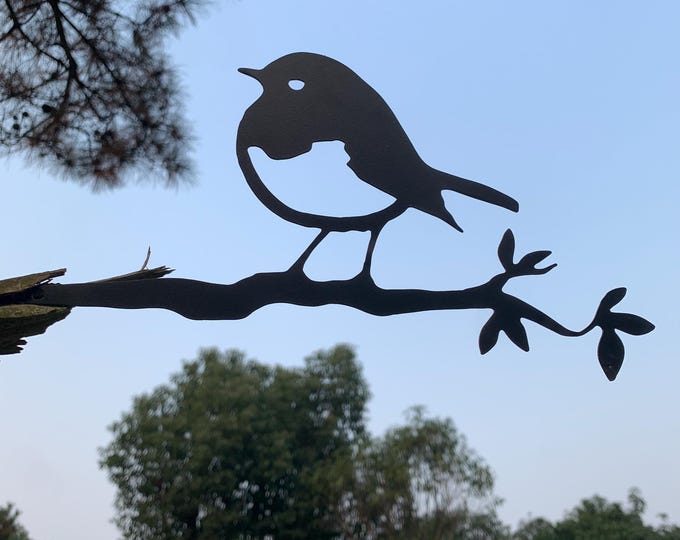 Black Metal Sparrow on Branch Tree Stake, Garden Bird Sculpture, Plant Pot Decor, Outdoor Ornament, Gift for Bird Watchers