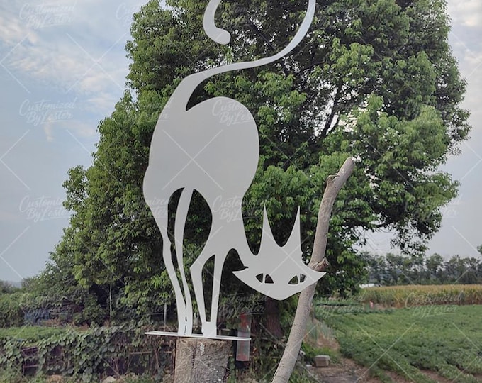 Bending Metal Cat Garden Statue, White Cat Silhouette Tree Iron Stump Sculpture, Yard Art, Perfect Gift for Pet Lovers, Outdoor Fence Decor