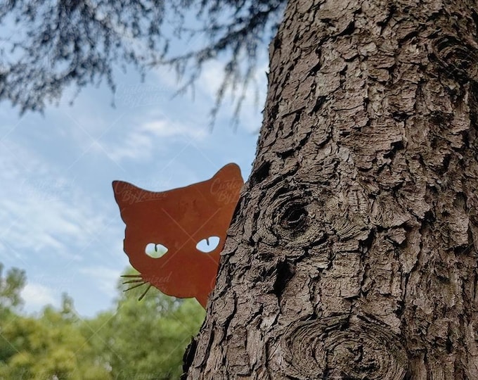 Rusty Metal Curious Cat Sculpture, Tilted Head Peeking Kitty Stake, Industrial Garden Art, Gothic Garden Decor, Unique Garden Art