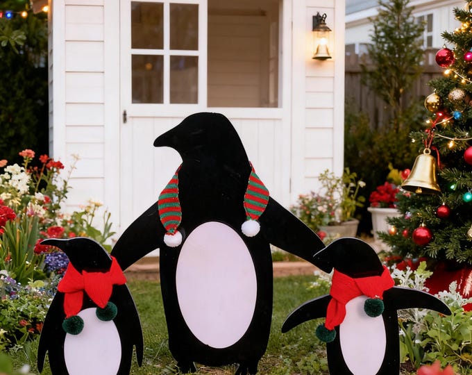 Set of 3 Whimsical PVC Penguin Sculptures for Garden, Christmas & Winter Decor